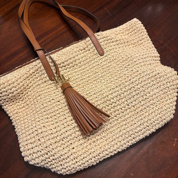 Ralph by Ralph Lauren Handbags - Lauren Ralph Lauren Whitney Medium Crochet Straw Tote Bag Tan Leather Tassel